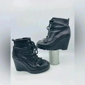 Tory Burch Black Leather Fringe Detail Wedge Derby Ankle Boots/Booties,